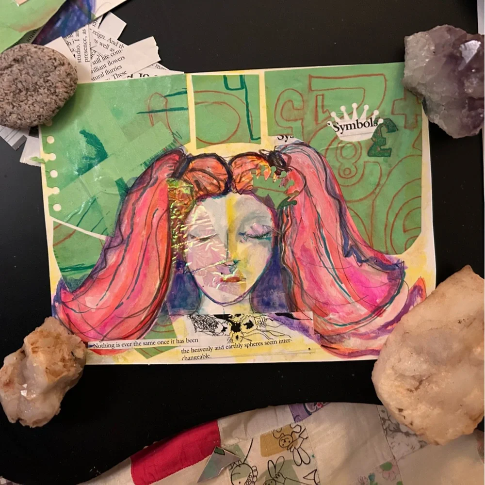 Handmade Framed Pink & Green Original Art Girl Power Gift Dorm Ready BTC 5x7 Art